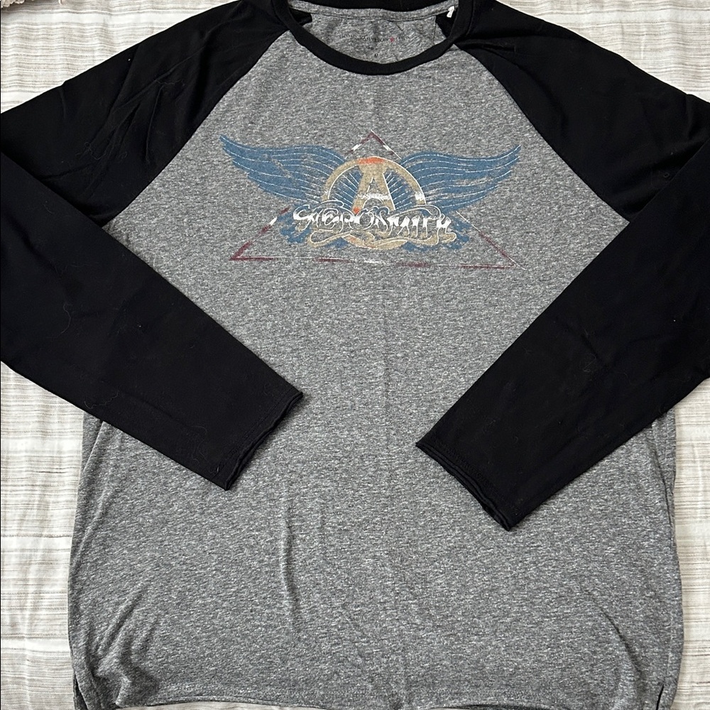 John Varvatos Gray and Black Raglan Long Sleeve Tee. “Aerosmith” limited editio